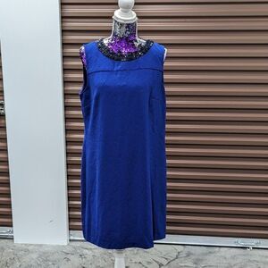 Ann Taylor Loft Size 16 Black Beaded Neck Blue Party Slip Dress